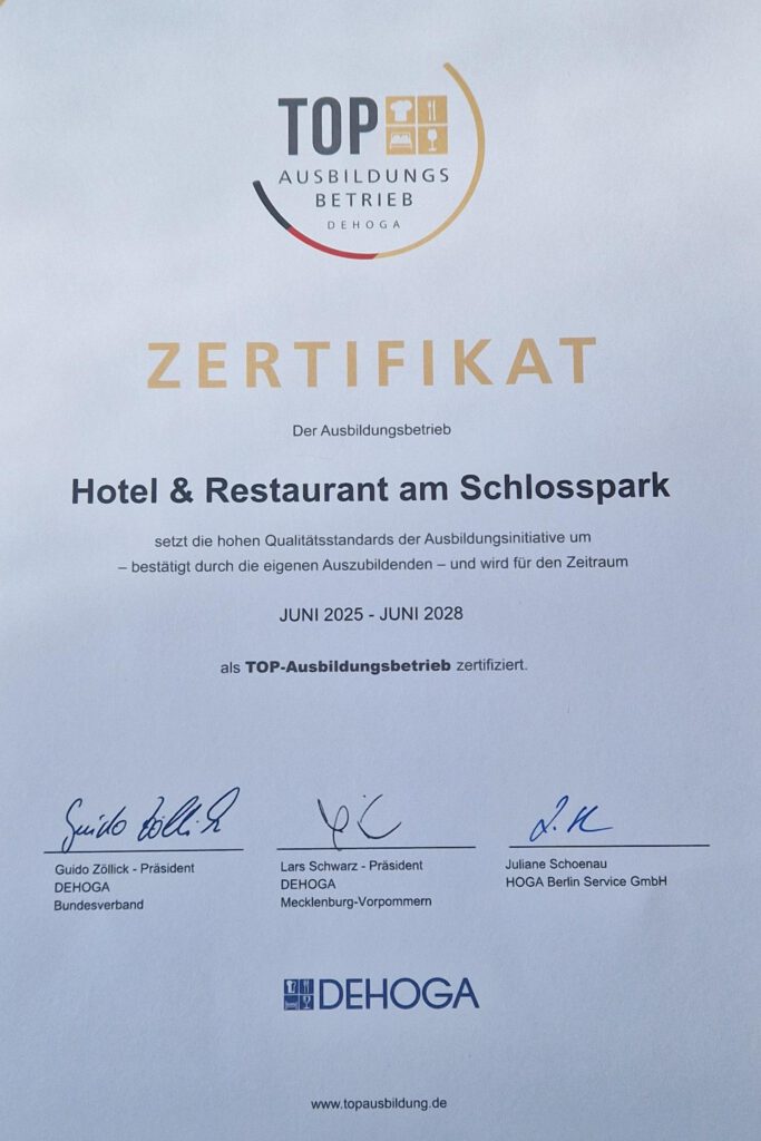 Zertifikat zum Top Ausbildungsbetrieb der dehoga